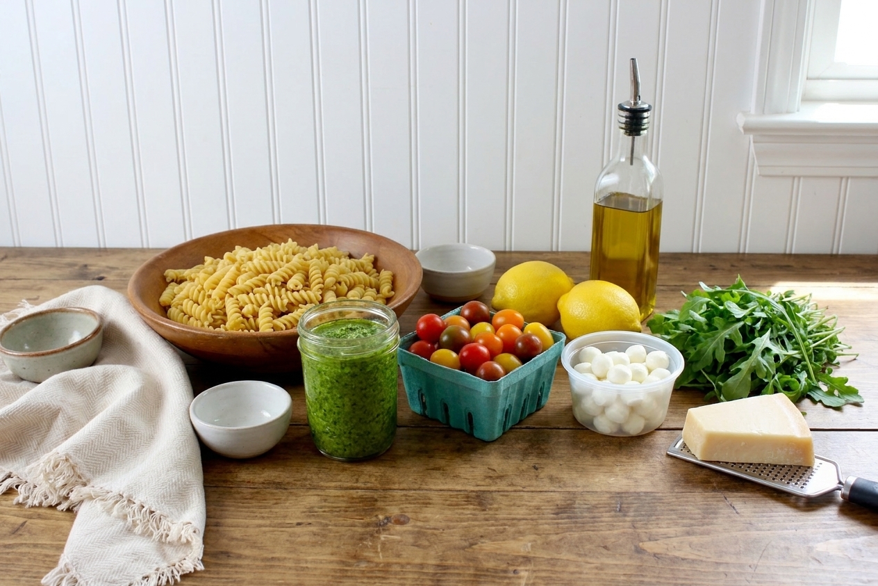 Ingredients for pesto pasta salad laid out on a kitchen counter including pasta, basil pesto, cherry tomatoes, mozzarella pearls, lemon, arugula, parmesan, and olive oil