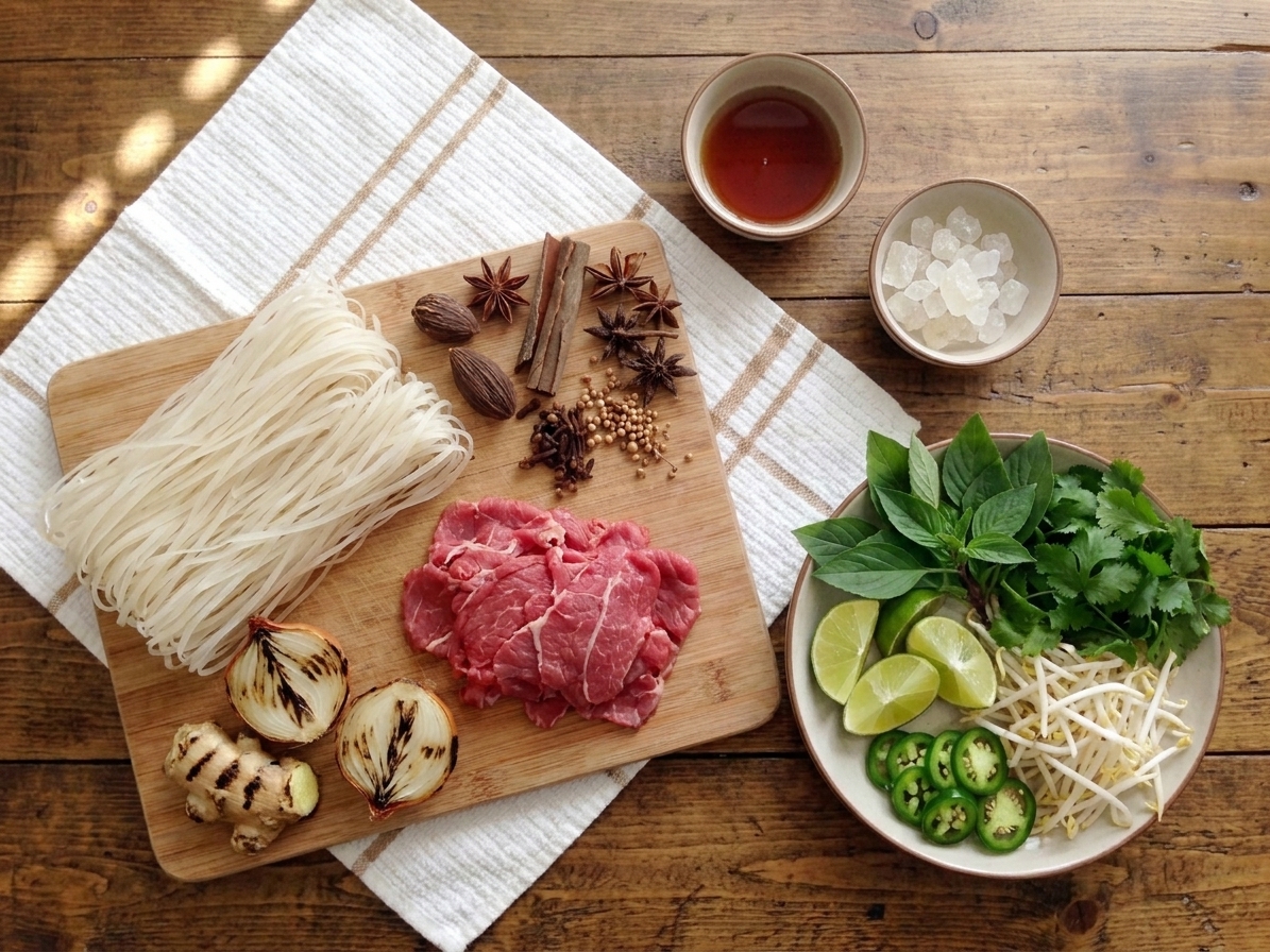 Ingredients for pho arranged for cooking including rice noodles, thinly sliced beef, onions, ginger, star anise, cinnamon, fish sauce, and fresh herbs