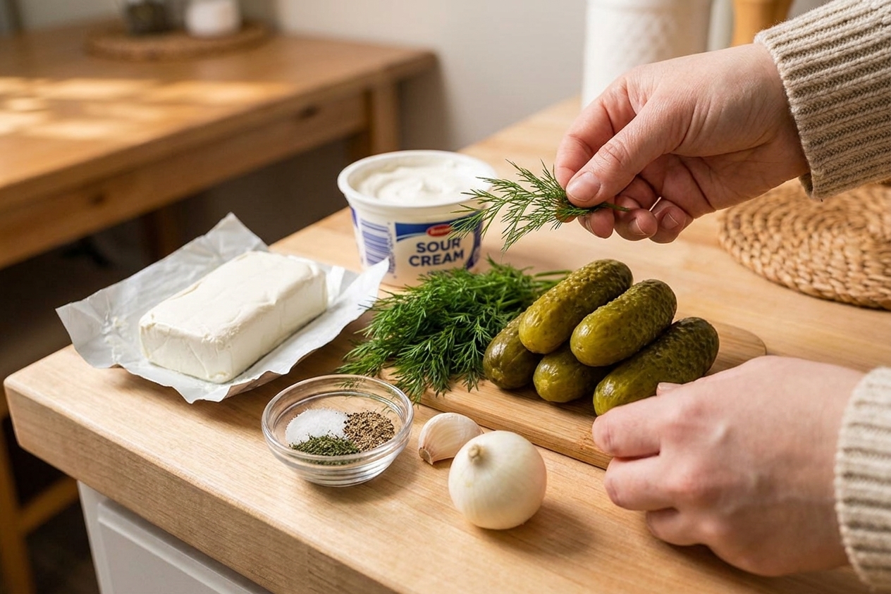 Ingredients for pickle dip laid out on a clean kitchen counter, including cream cheese, sour cream, dill pickles, fresh dill, garlic, onion, and seasonings