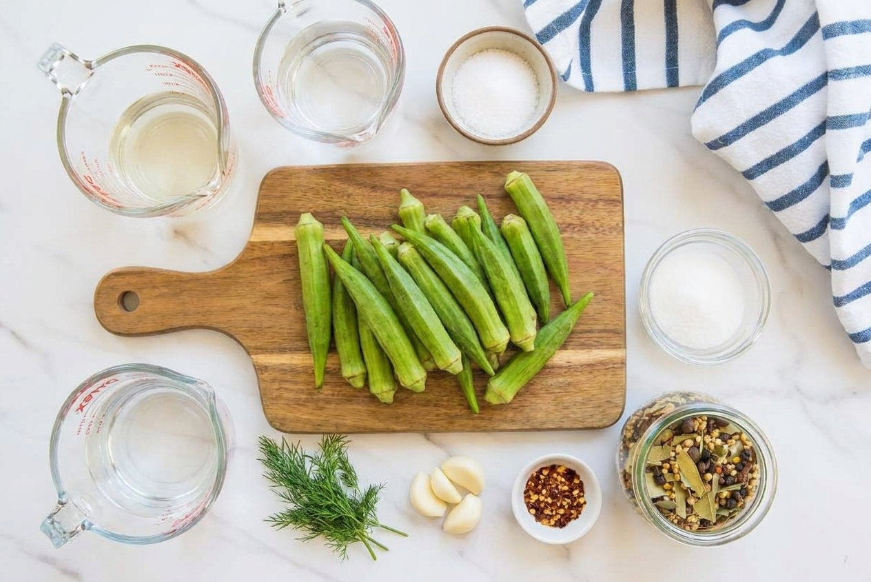 Ingredients for pickled okra arranged on a kitchen counter: fresh okra, vinegar, water, kosher salt, sugar, garlic, dill, mustard seeds, peppercorns, and red pepper flakes.