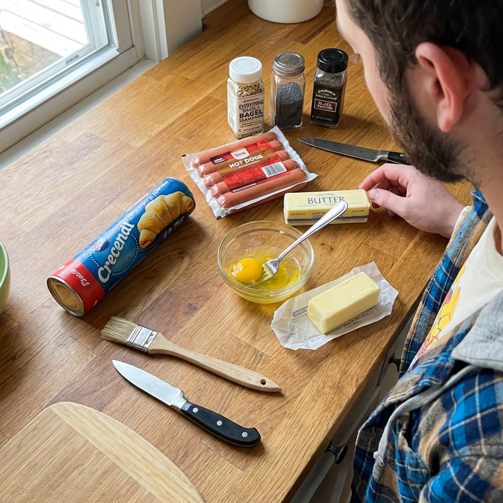Ingredients for pigs in a blanket laid out on a kitchen counter including crescent dough, hot dogs, egg, butter, and seasonings