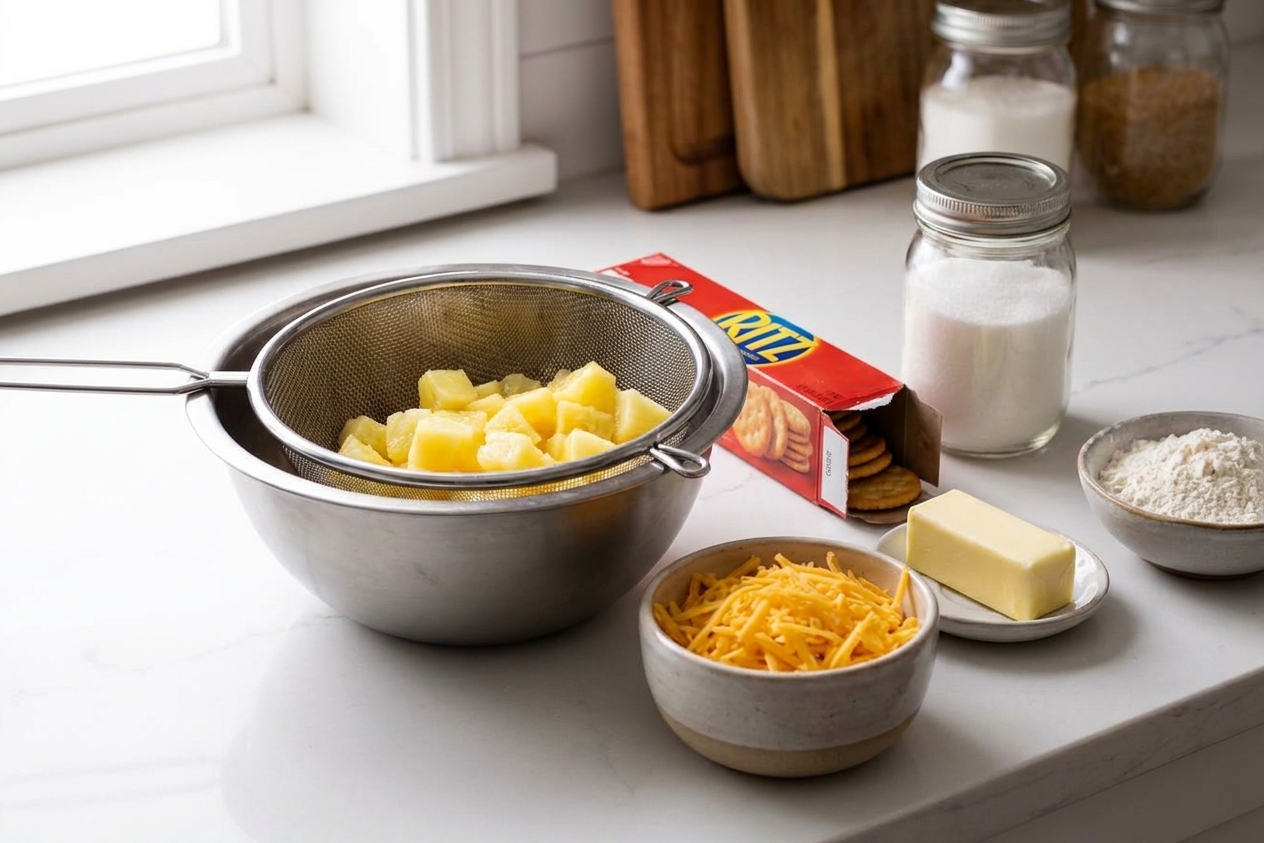 Ingredients for pineapple casserole arranged on a kitchen counter including pineapple, shredded cheddar, Ritz crackers, butter, sugar, and flour