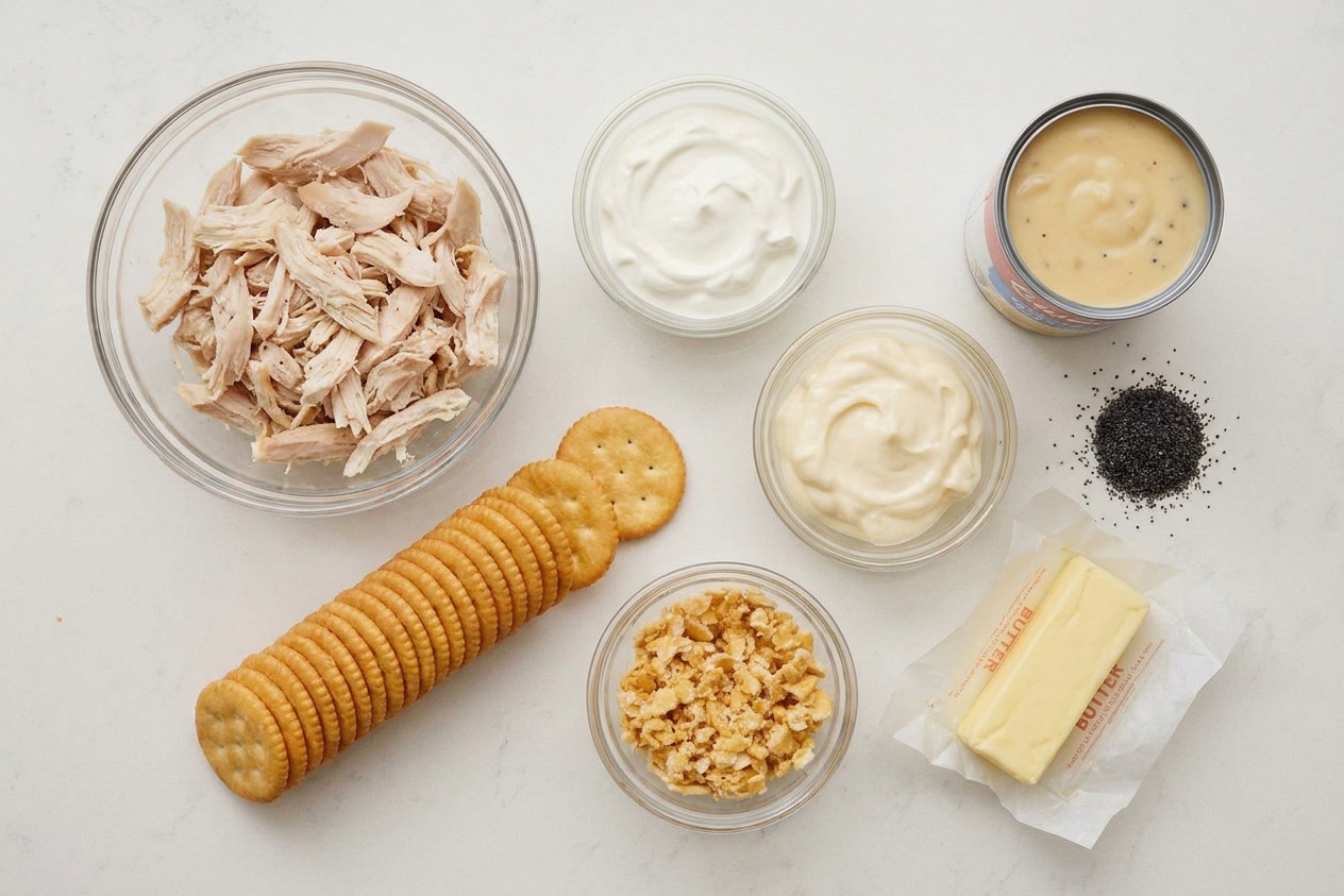 Ingredients for poppy seed chicken arranged on a light kitchen counter, including shredded chicken, sour cream, mayonnaise, cream of chicken soup, crackers, butter, and poppy seeds