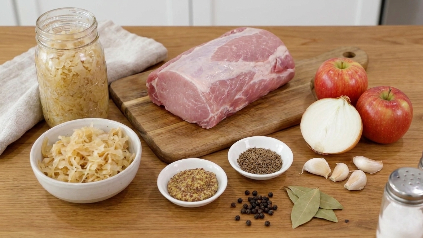 Ingredients for pork and sauerkraut on a warm kitchen counter including pork roast, sauerkraut, apples, onion, garlic, mustard, and spices