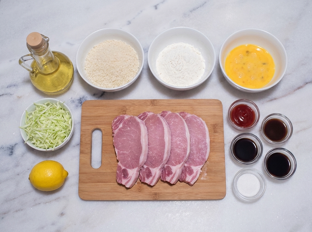 Ingredients for pork katsu on a kitchen counter: pork loin chops, bowls of panko and flour, beaten eggs, oil, cabbage, lemon, and small bowls of sauce ingredients