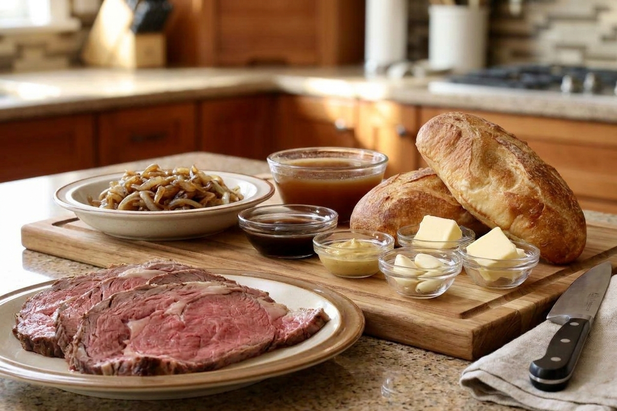 Ingredients for prime rib French dip on a kitchen counter including sliced prime rib, onions, rolls, beef broth, Worcestershire, Dijon, butter, and garlic in small bowls