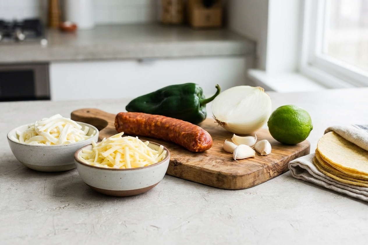 Ingredients for queso fundido arranged on a kitchen counter including Oaxaca cheese, Monterey Jack, chorizo, poblano pepper, onion, garlic, lime, and tortillas