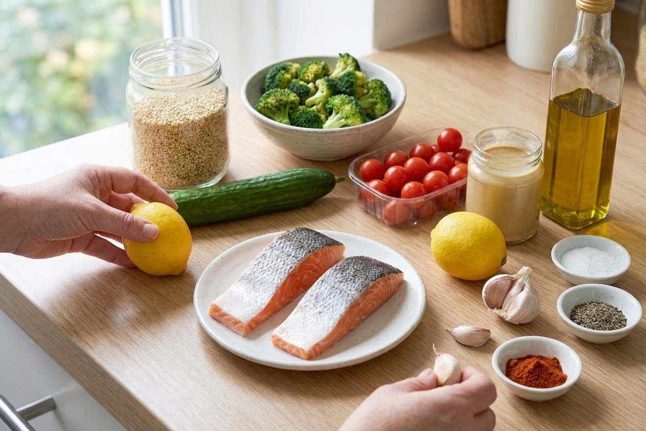 Ingredients for salmon quinoa bowls arranged on a kitchen counter including salmon fillets, dry quinoa, broccoli, cucumbers, cherry tomatoes, tahini, lemons, garlic, olive oil, and spices
