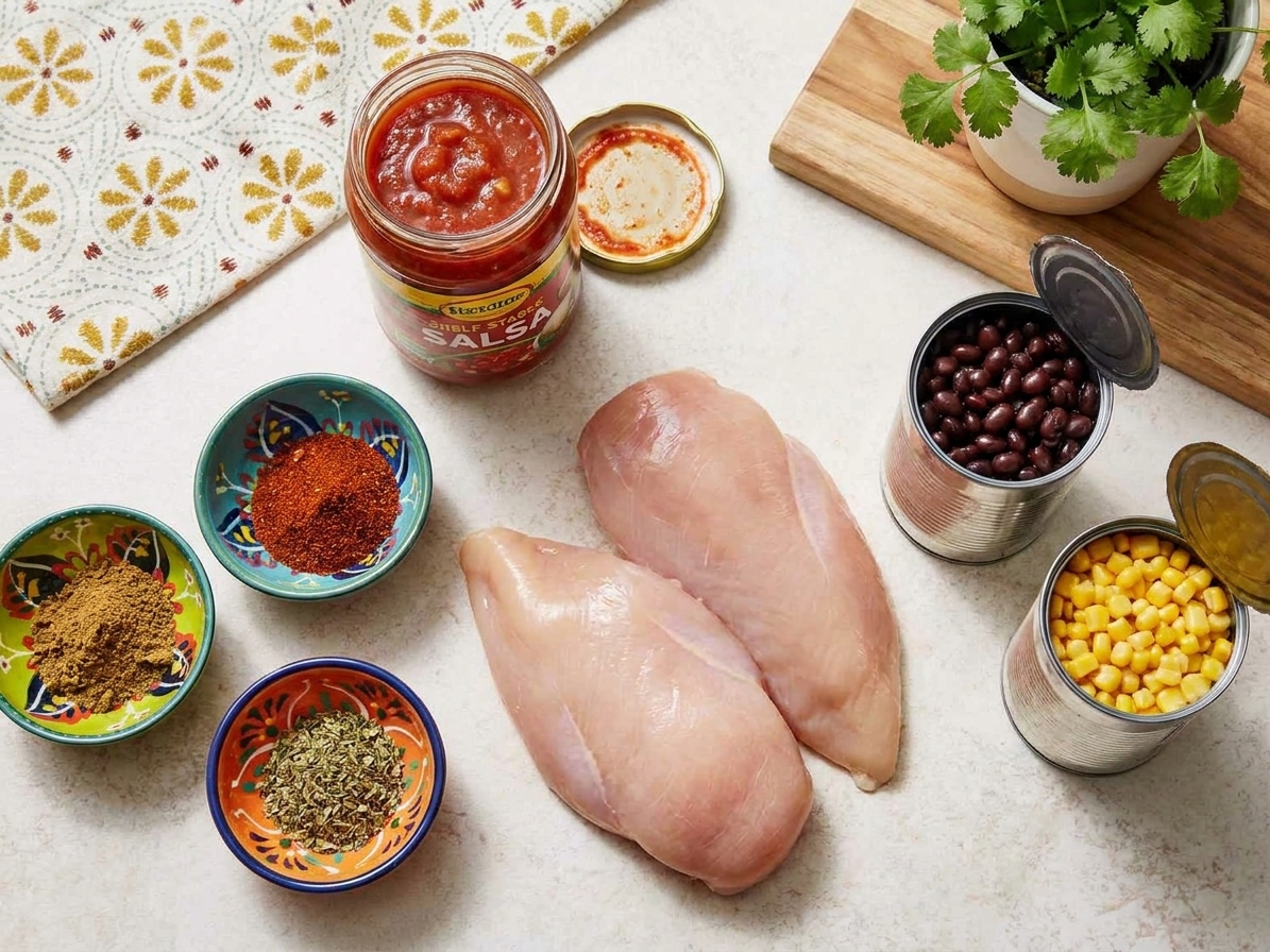 Ingredients for salsa chicken arranged on a kitchen counter: shelf-stable salsa, raw chicken breasts, black beans, and corn with small bowls of spices