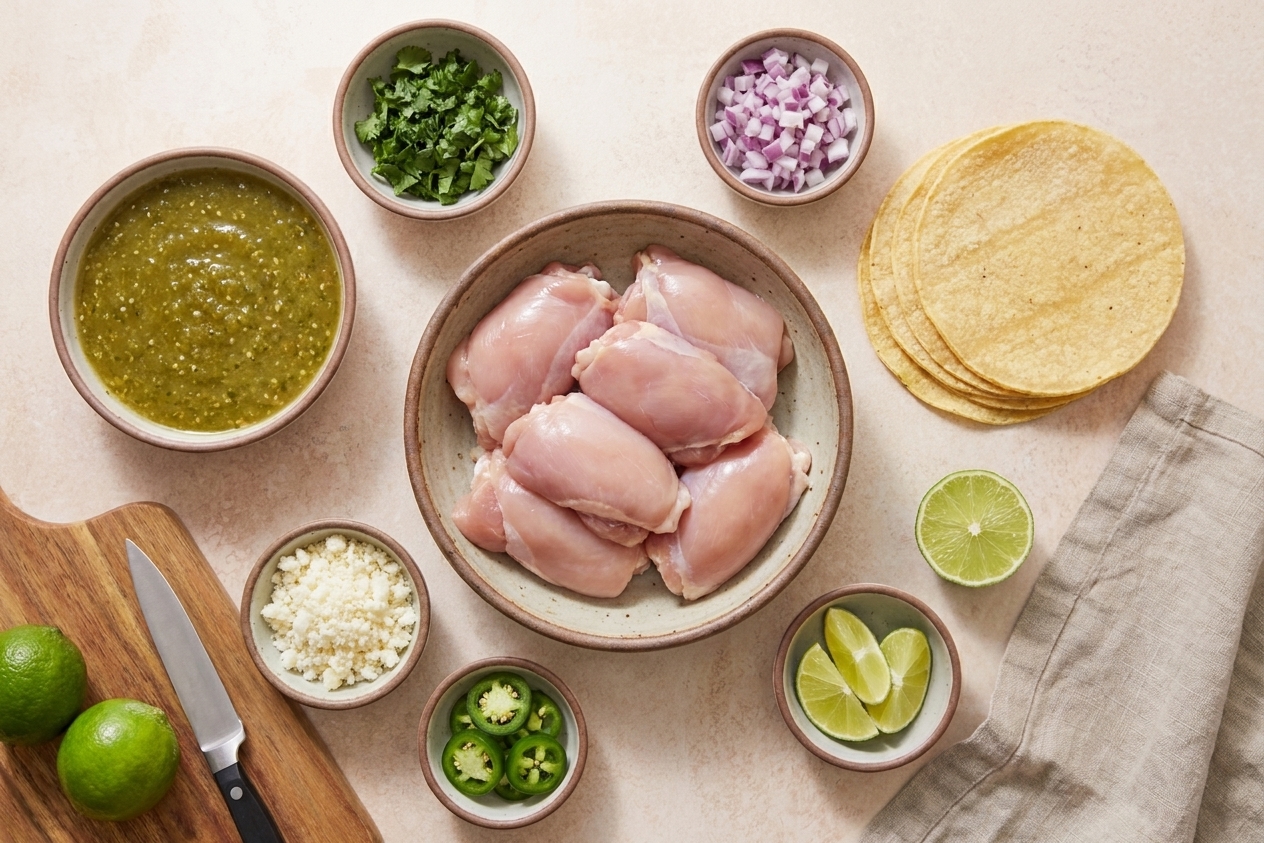 Ingredients for salsa verde chicken including salsa verde, chicken thighs, lime, tortillas, and taco toppings