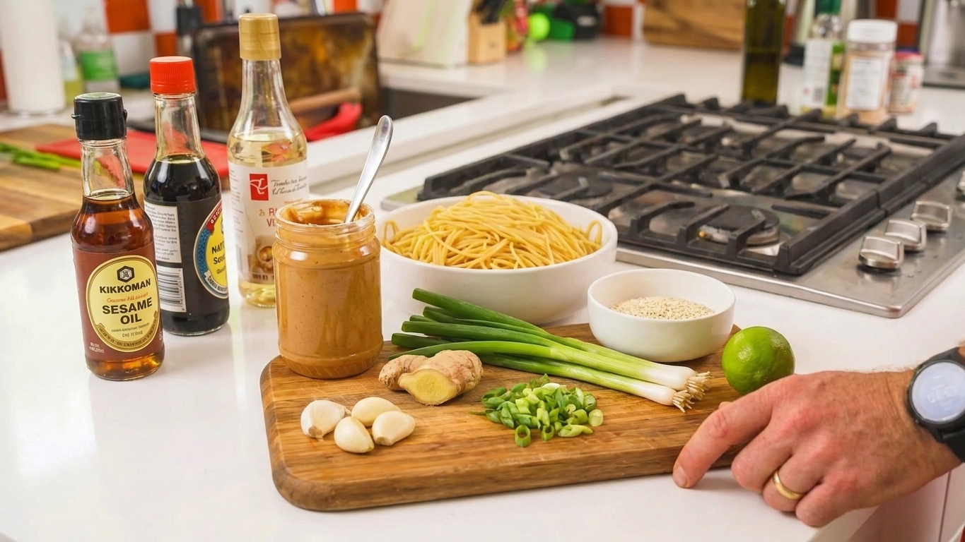 Ingredients for sesame noodles arranged on a kitchen counter, including noodles, soy sauce, sesame oil, peanut butter, rice vinegar, garlic, ginger, scallions, and sesame seeds