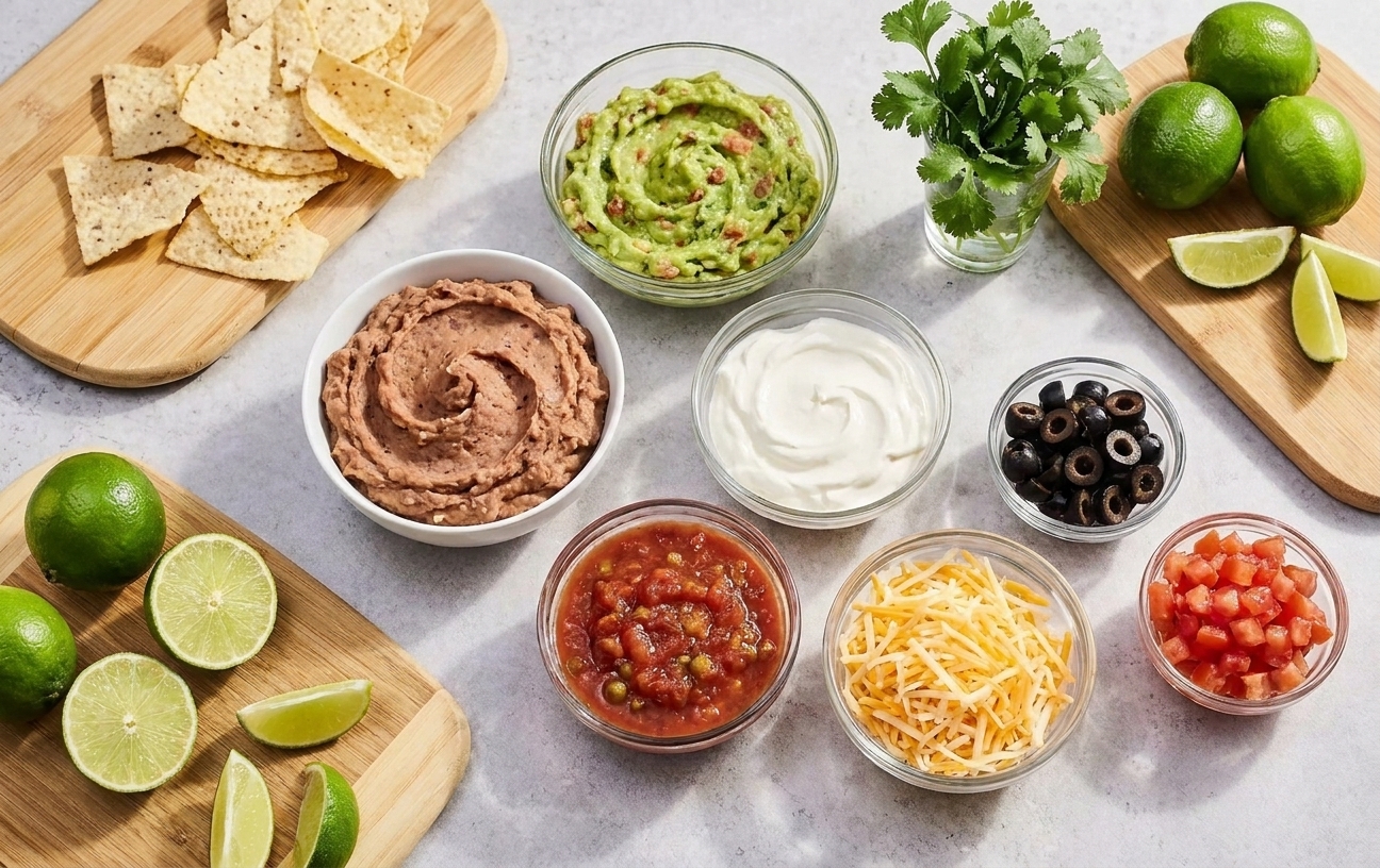 Ingredients for seven layer dip arranged on a kitchen counter, including refried beans, avocados, sour cream, salsa, shredded cheese, tomatoes, olives, green onions, cilantro, and lime