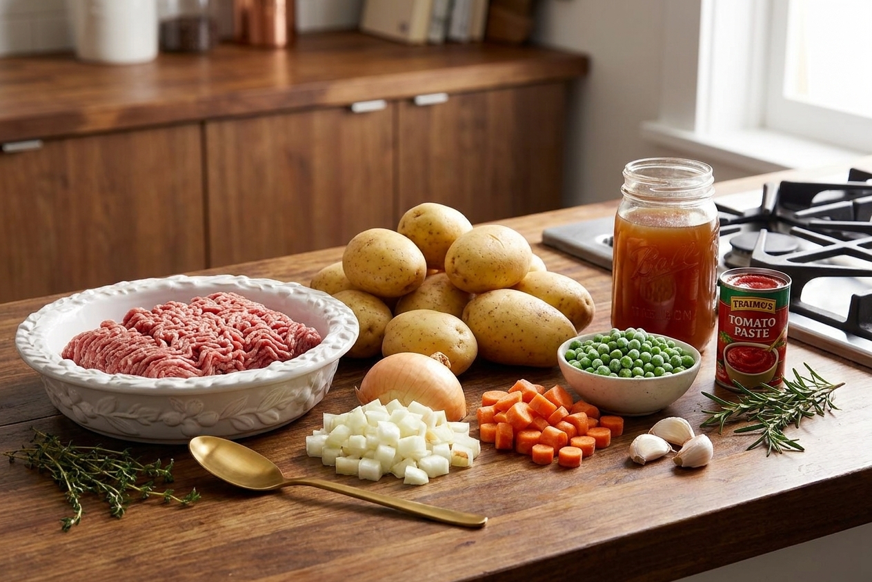 Ingredients for shepherd’s pie set out in a kitchen, including ground lamb or beef, potatoes, onion, carrots, peas, garlic, broth, tomato paste, and herbs