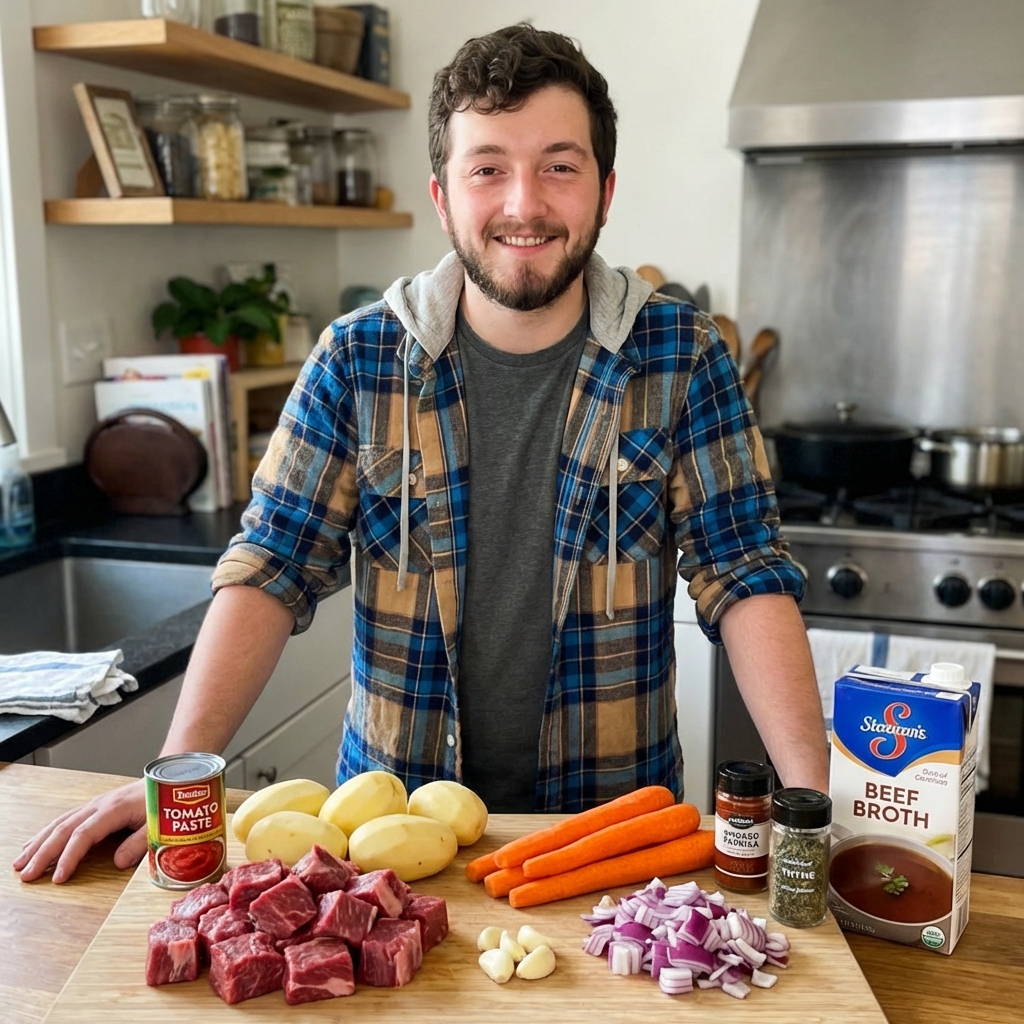 Ingredients for smoky beef stew laid out on a kitchen counter including beef chuck, potatoes, carrots, onion, garlic, tomato paste, spices, and broth