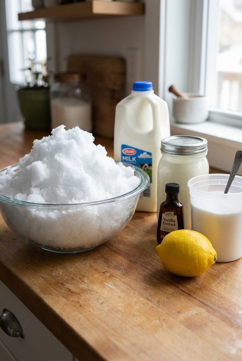Ingredients for snow cream on a kitchen counter including a lemon, vanilla, sugar, milk, cream, and a bowl of snow
