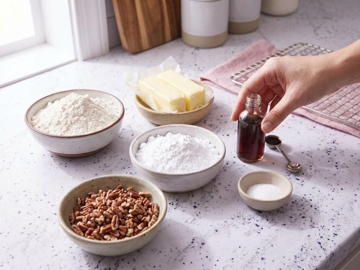 Ingredients for snowball cookies arranged on a kitchen counter including flour, butter, powdered sugar, vanilla, salt, and chopped pecans in small bowls