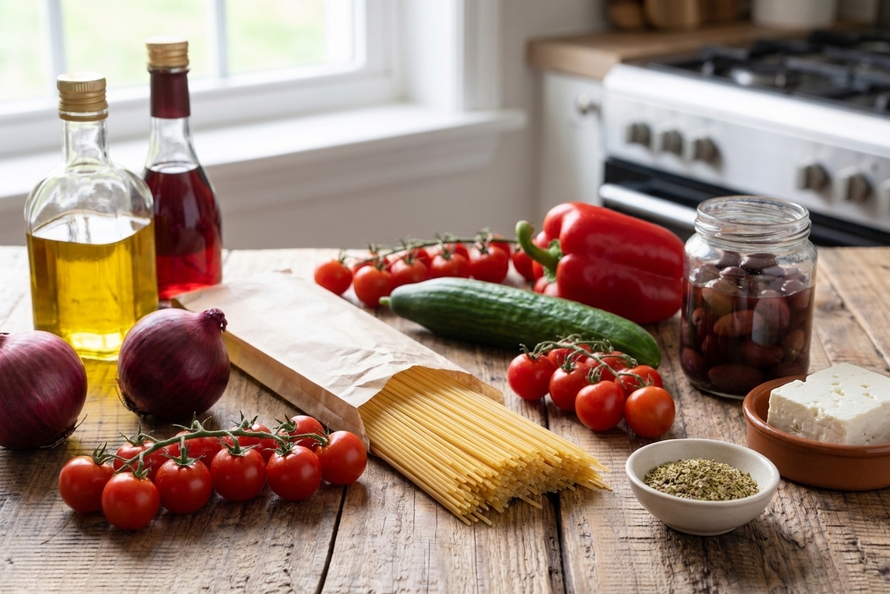 Ingredients for spaghetti salad arranged on a kitchen counter including dry spaghetti, cherry tomatoes, cucumber, bell pepper, red onion, olives, feta, olive oil, red wine vinegar, and dried oregano