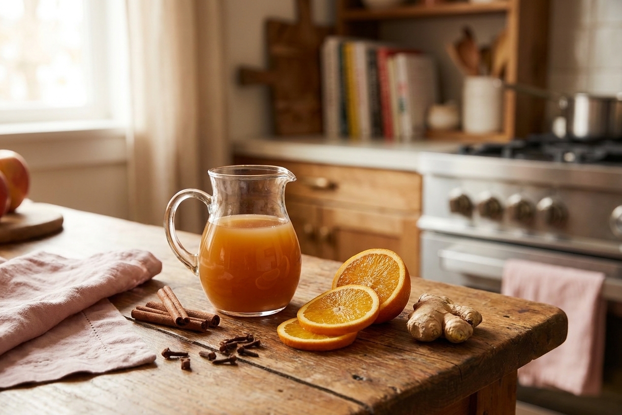 Ingredients for spiced apple cider including a jug of apple cider, cinnamon sticks, whole cloves, orange, and ginger on a kitchen counter in soft natural light