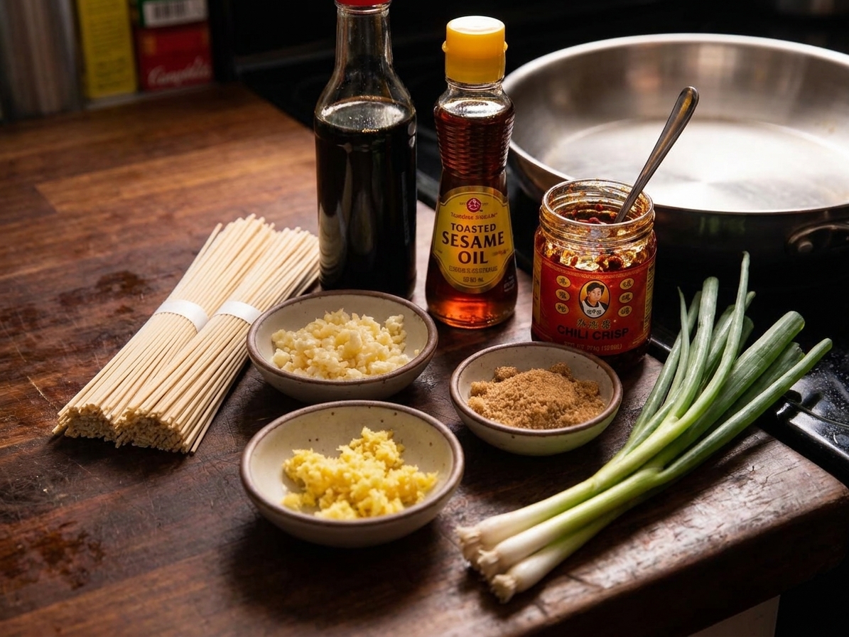 Ingredients for spicy garlic Chinese noodles arranged on a kitchen counter, including noodles, soy sauce, sesame oil, chili crisp, garlic, ginger, scallions, and brown sugar