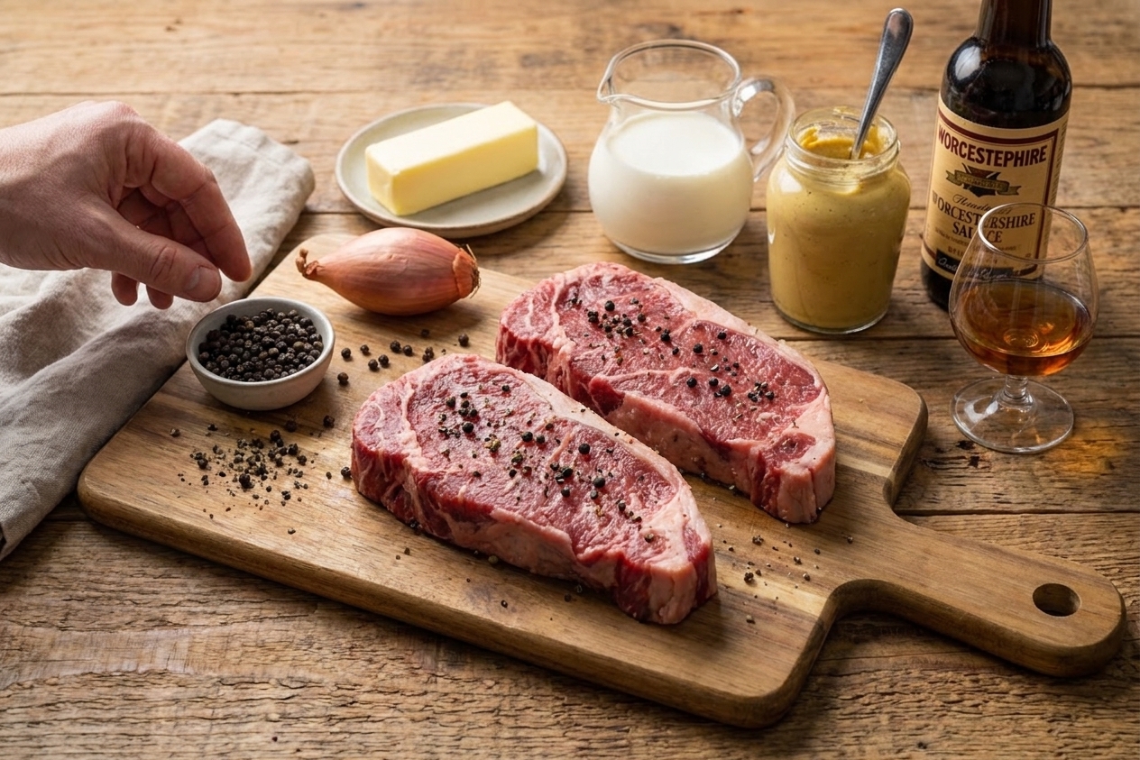 Ingredients for steak au poivre arranged on a kitchen counter: steaks, peppercorns, shallot, butter, cream, Dijon, Worcestershire, and a small glass of brandy
