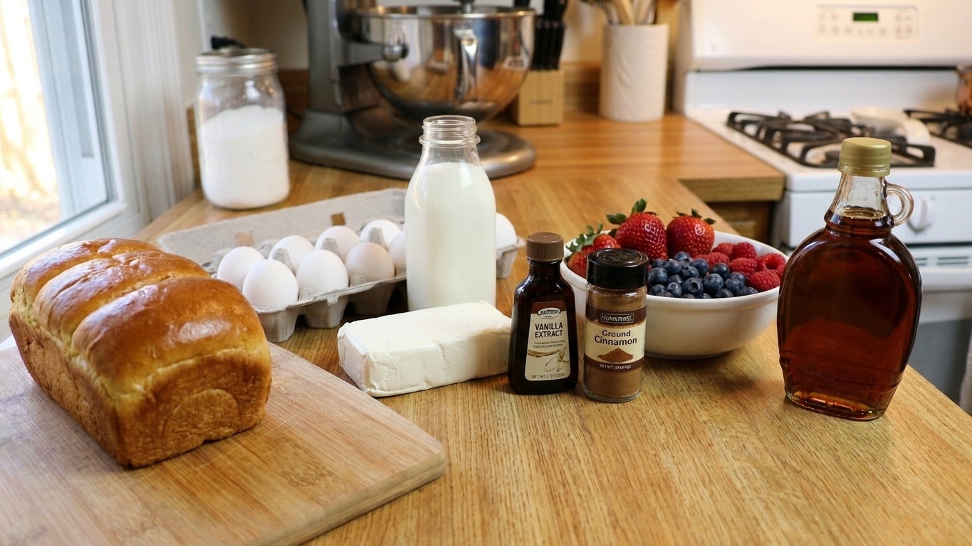 Ingredients for stuffed French toast arranged on a clean kitchen counter including brioche, eggs, milk, cream cheese, vanilla, cinnamon, berries, and maple syrup