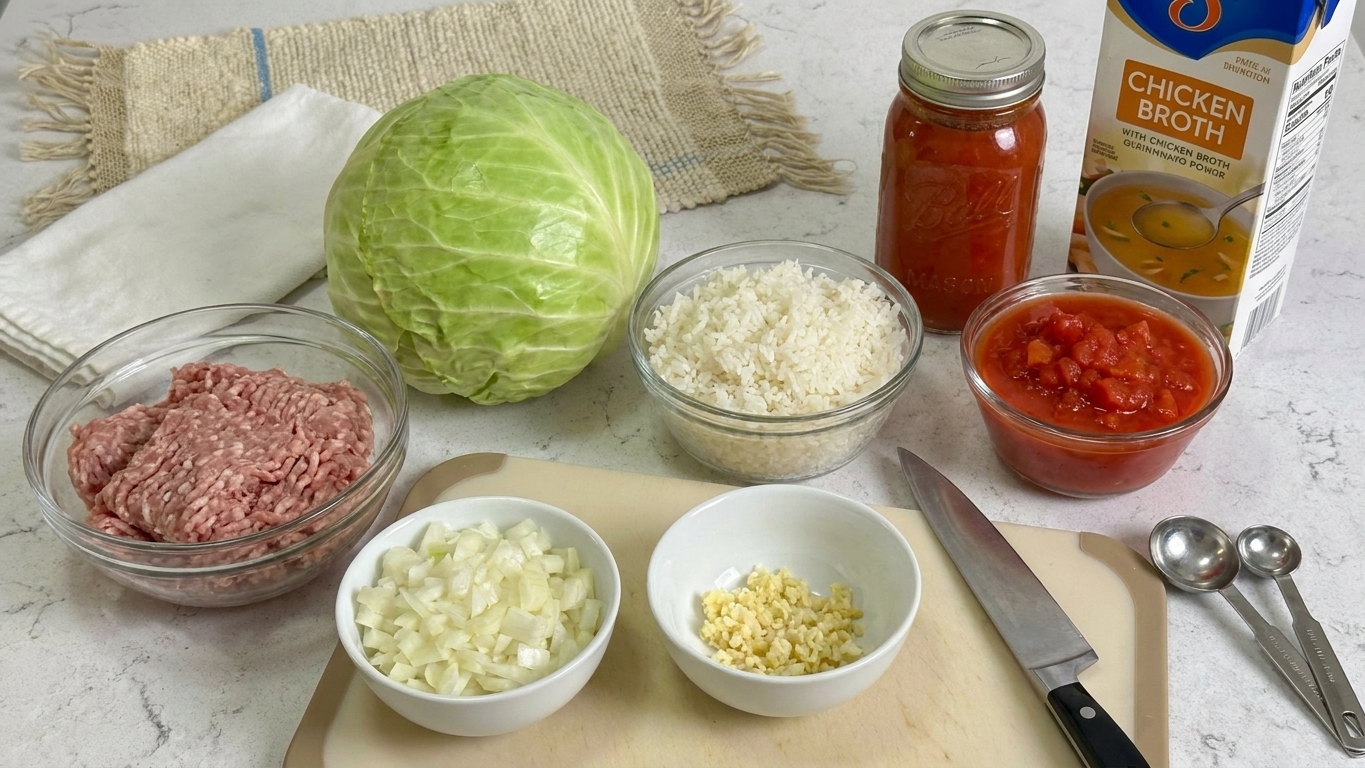 Ingredients for stuffed cabbage rolls arranged on a kitchen counter including cabbage, ground pork, cooked rice, onions, garlic, tomato sauce, diced tomatoes, and broth