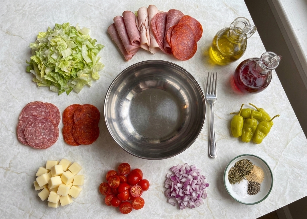 Ingredients for sub in a tub arranged on a kitchen counter, including shredded lettuce, deli ham, salami, pepperoni, provolone, tomatoes, red onion, pepperoncini, olive oil, vinegar, and seasonings