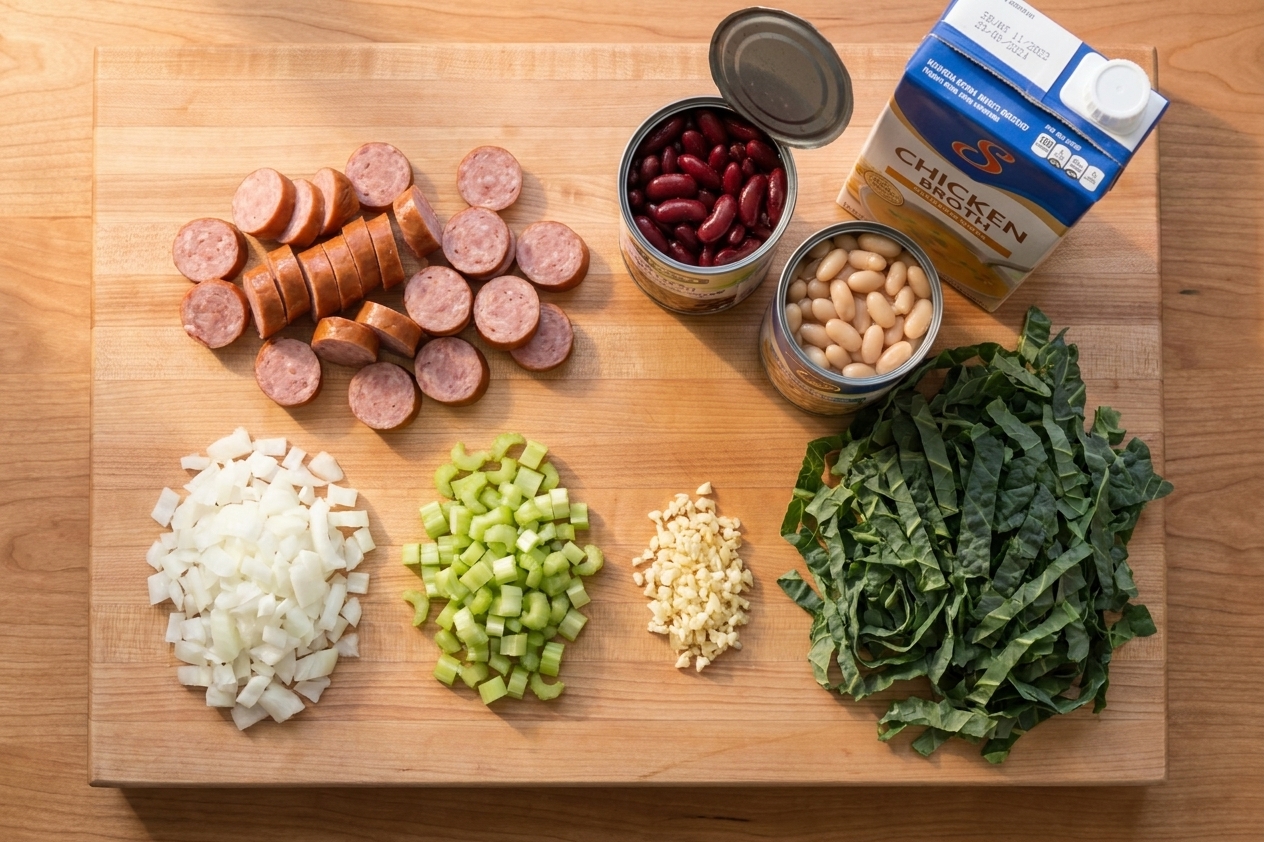 Ingredients for swamp soup arranged together, including sliced smoked sausage, chopped onion, celery, garlic, canned beans, chicken broth, and leafy greens
