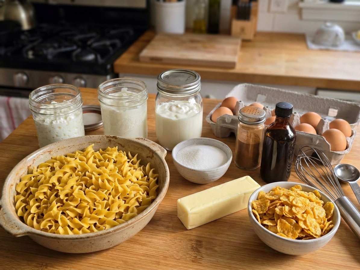 Ingredients for sweet kugel on a bright kitchen counter, including egg noodles, cottage cheese, sour cream, eggs, sugar, cinnamon, vanilla, butter, and cornflakes
