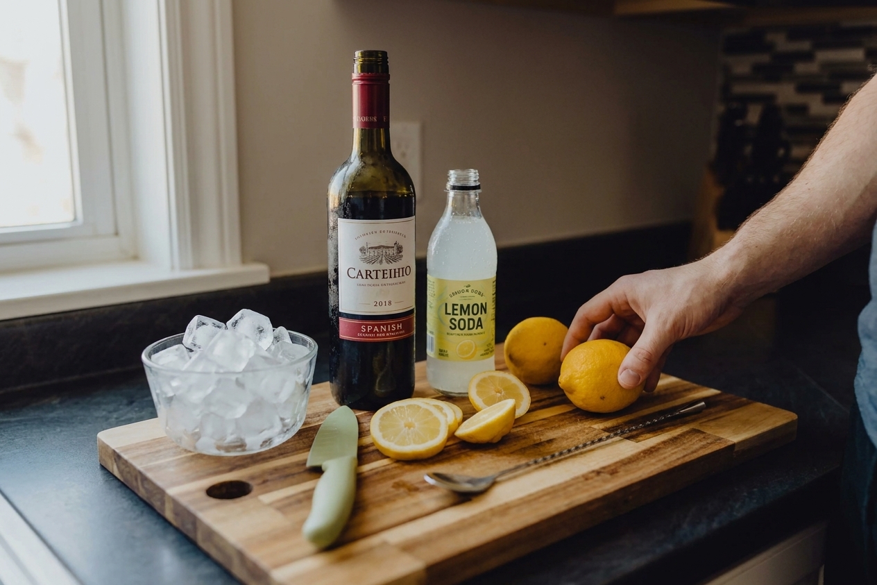 Ingredients for tinto de verano on a kitchen counter, including a bottle of red wine, lemon soda, fresh lemons, and a bowl of ice