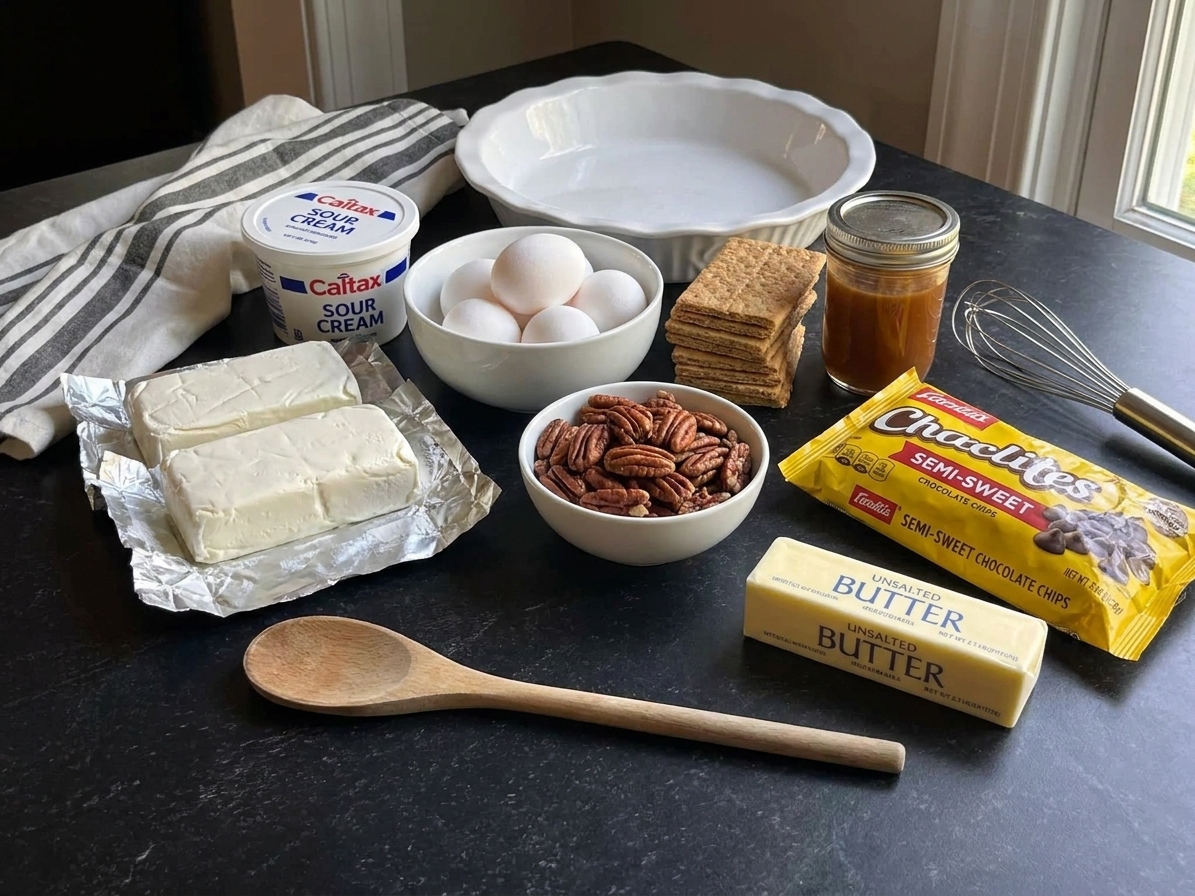 Ingredients for turtle cheesecake arranged on a clean kitchen counter, including cream cheese, sour cream, eggs, graham crackers, pecans, caramel sauce, chocolate chips, and butter