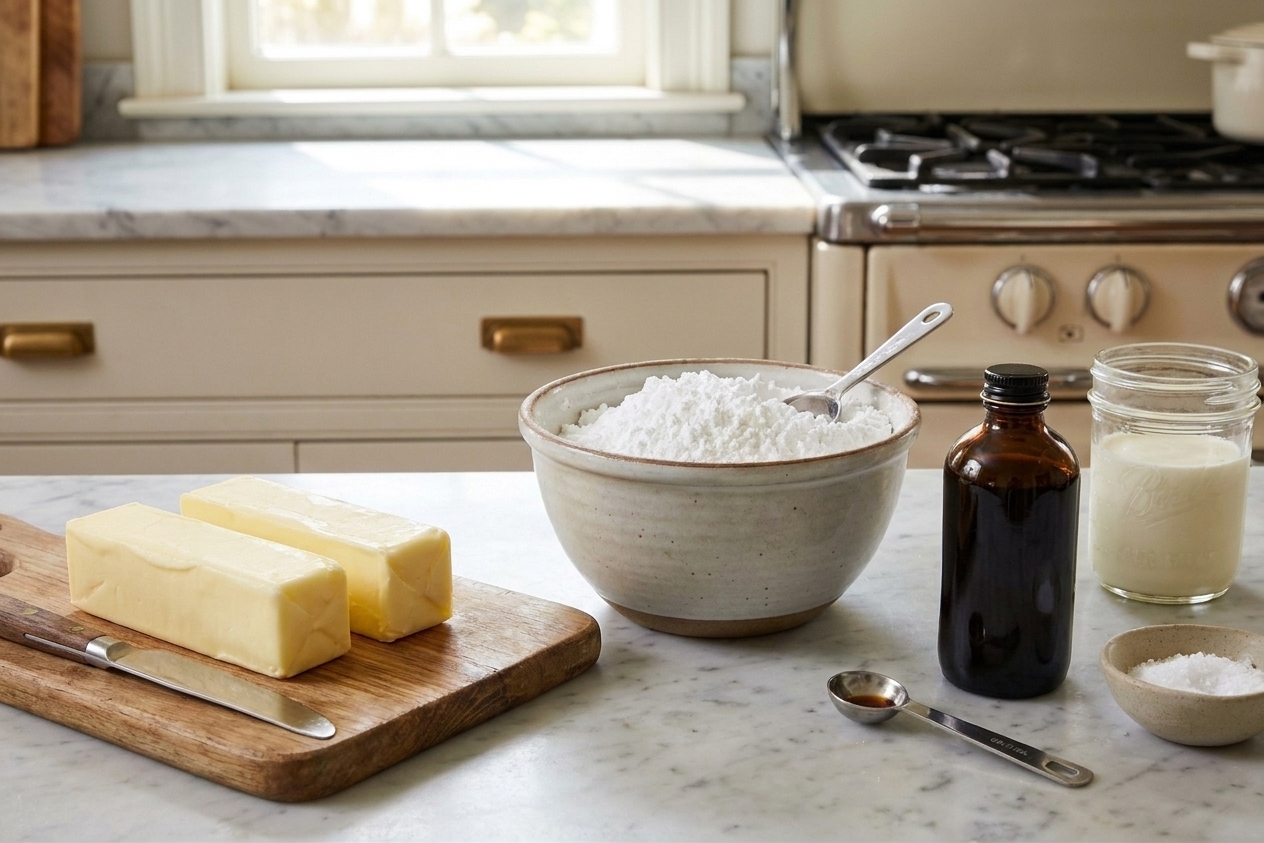 Ingredients for vanilla buttercream arranged on a kitchen counter, including butter, powdered sugar, vanilla, salt, and cream