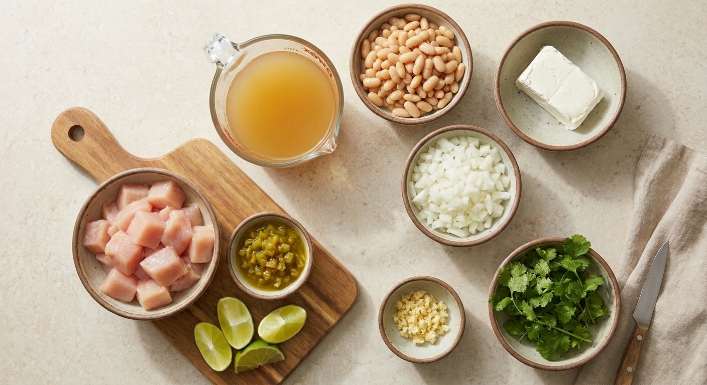 Ingredients for white chicken chili including chicken, white beans, green chiles, broth, cream cheese, and lime