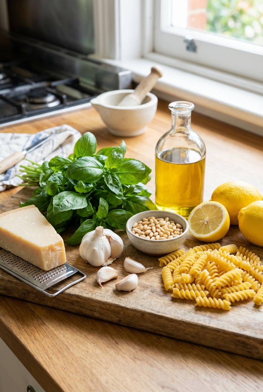 Ingredients on a countertop including fresh basil, Parmesan, garlic, pine nuts, olive oil, lemon, and dried pasta