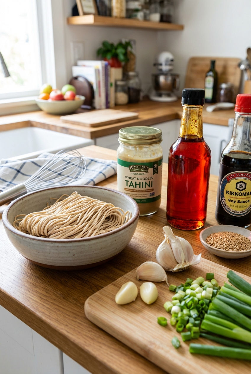 Ingredients on a countertop including noodles, tahini, chili oil, soy sauce, garlic, scallions, and sesame seeds