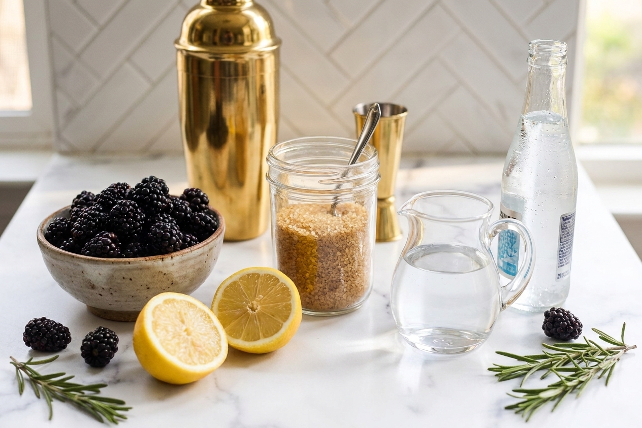 Ingredients on a kitchen counter including a bowl of blackberries, a halved lemon, a jar of sugar, a small pitcher of water, and a bottle of sparkling water in consistent warm lighting