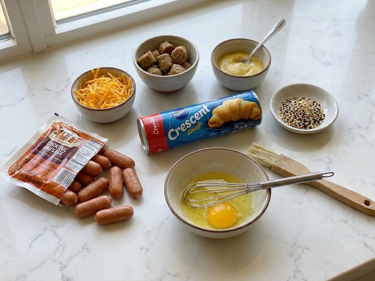 Ingredients on a kitchen counter including a can of crescent roll dough, cocktail sausages, shredded cheese, an egg, and small bowls of mustard and spices