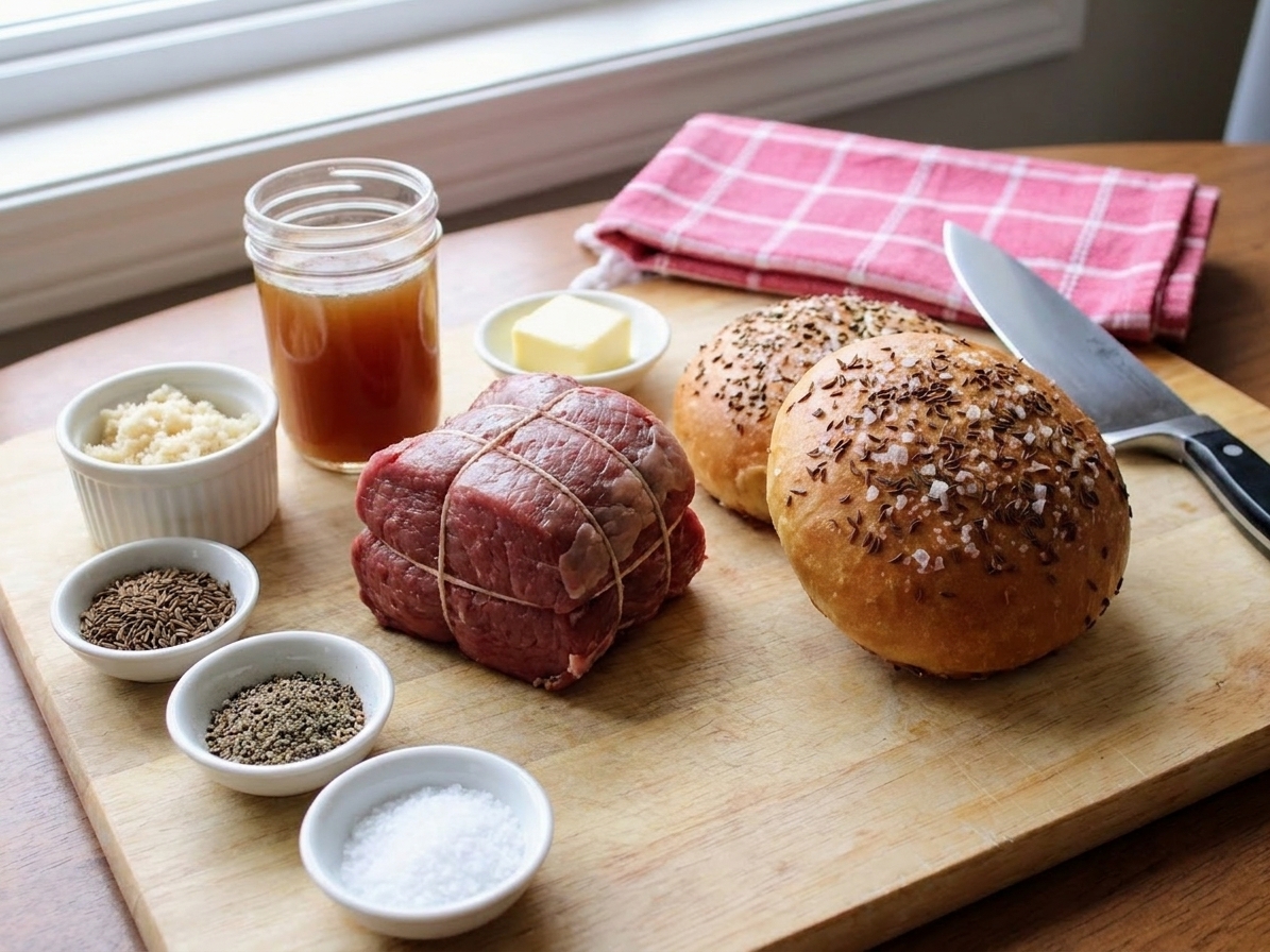 Ingredients on a kitchen counter including a small roast beef, kaiser rolls, beef broth, horseradish, butter, caraway seeds, and seasonings in small bowls