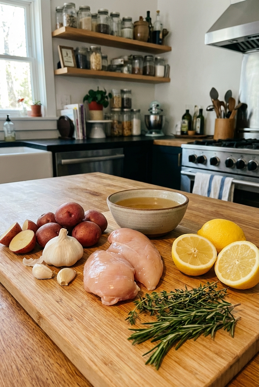 Ingredients on a kitchen counter including chicken breasts, potatoes, garlic, lemon, herbs, and broth