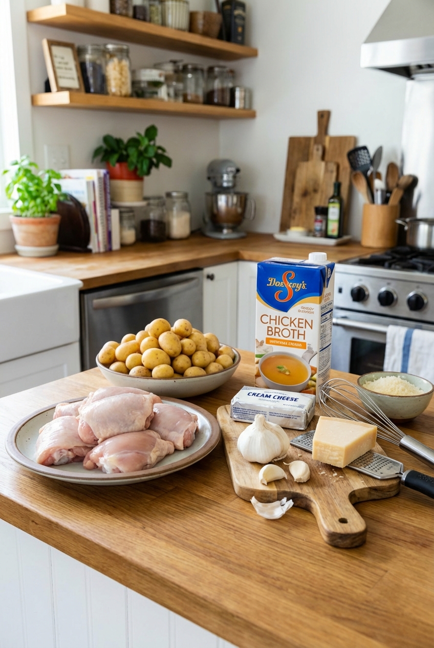 Ingredients on a kitchen counter including chicken thighs, baby potatoes, garlic, broth, cream cheese, and Parmesan