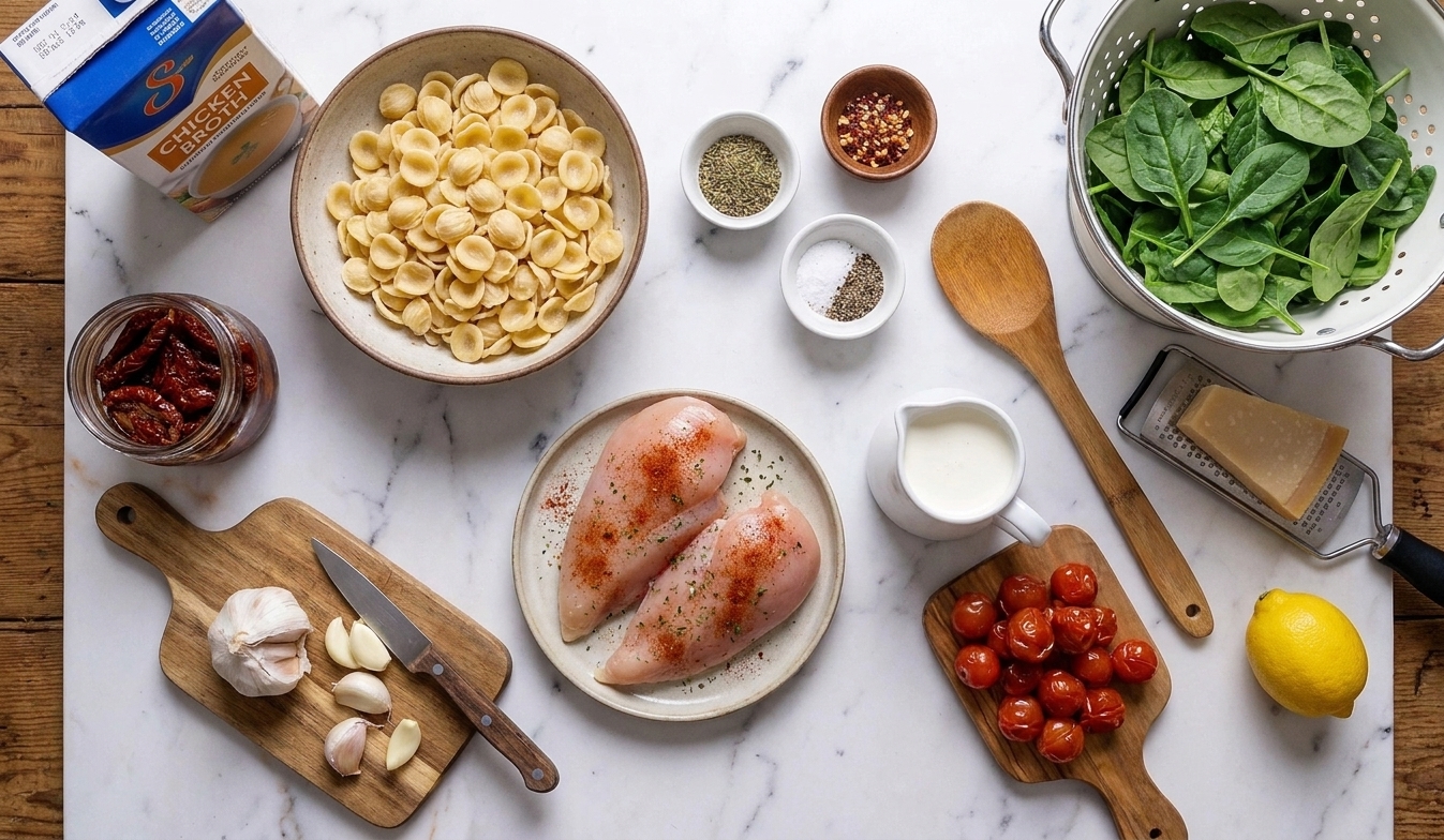 Ingredients on a kitchen counter including dried pasta, chicken, spinach, sun-dried tomatoes, garlic, broth, cream, Parmesan, lemon, and spices laid out for cooking