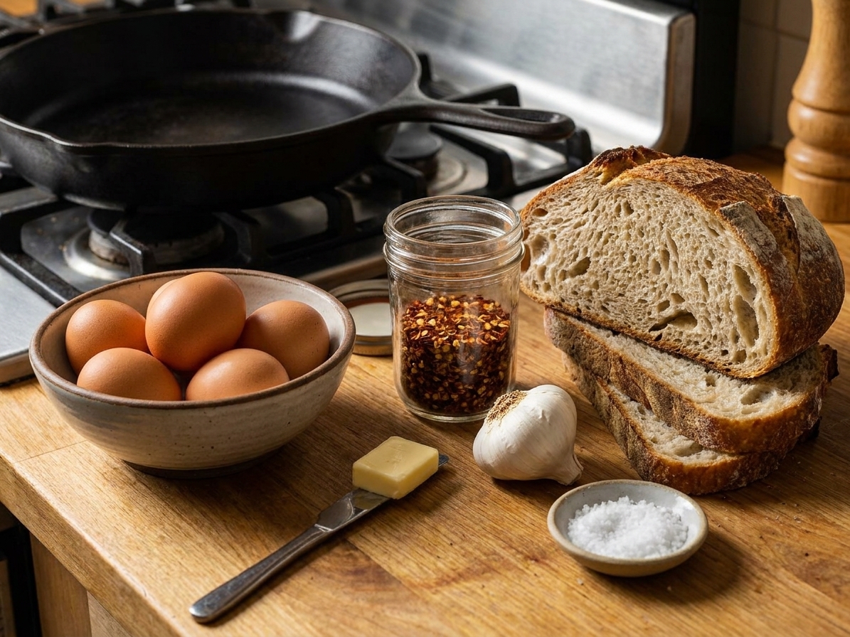 Ingredients on a kitchen counter including eggs, butter, crushed red pepper flakes, garlic, salt, and sliced bread arranged for breakfast prep