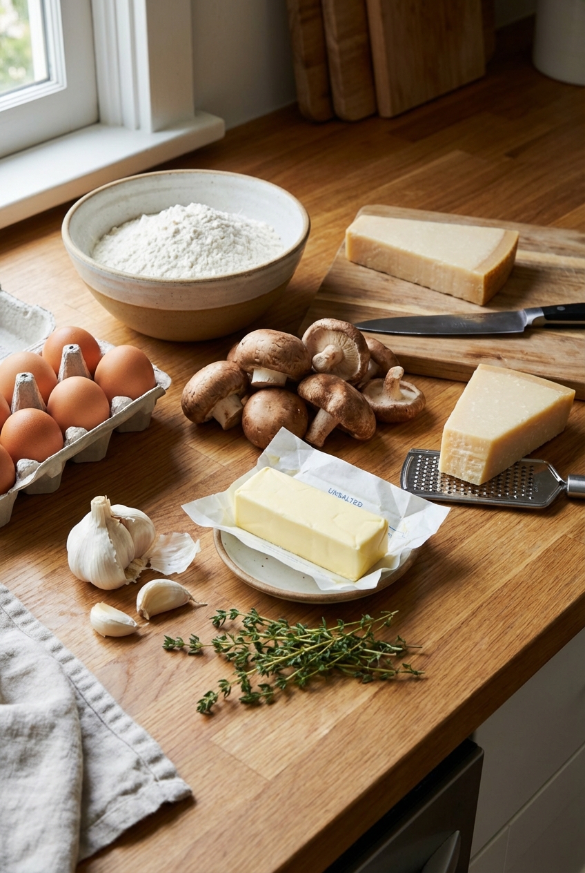 Ingredients on a kitchen counter including flour, eggs, mushrooms, butter, garlic, thyme, and Parmesan