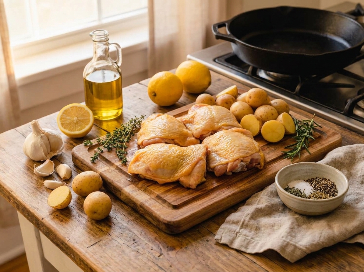 Ingredients on a kitchen counter including raw chicken thighs, baby potatoes, whole lemons, garlic, olive oil, and a small bowl of spices