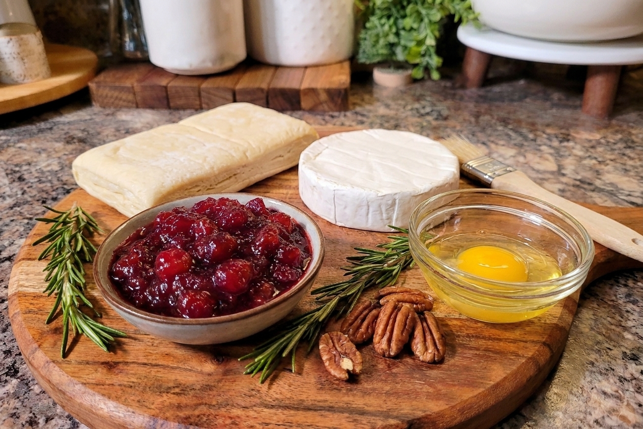 Ingredients on a kitchen counter including thawed puff pastry, a wheel of brie, cranberry sauce, rosemary, pecans, and an egg for egg wash