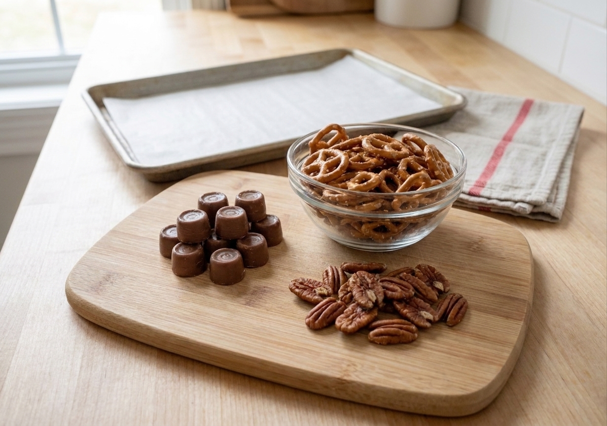 Ingredients on a wooden cutting board: a bowl of mini pretzels, unwrapped Rolo candies, and pecan halves, with a parchment-lined baking sheet nearby in a bright kitchen