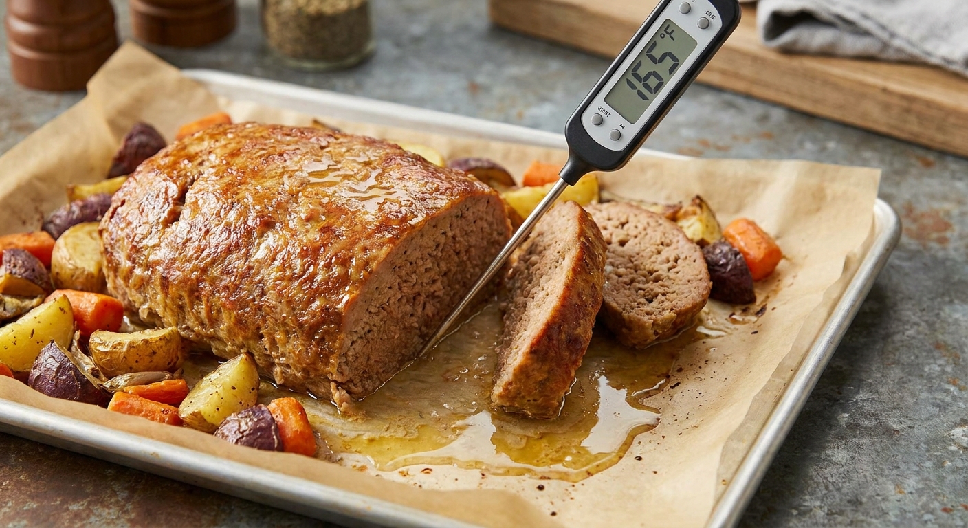 Instant-read thermometer inserted into thickest part of meatloaf on a sheet pan, display reading safe temperature with juices running clear.