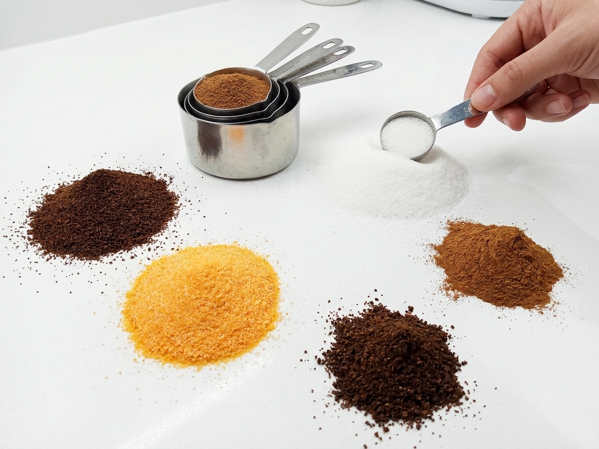 Instant tea powder, orange drink mix, granulated sugar, ground cinnamon, and ground cloves arranged on a bright kitchen counter with measuring cups