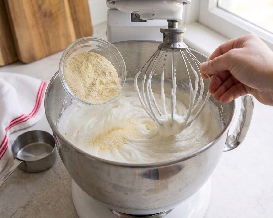 Instant vanilla pudding mix being added to partially whipped cream in a mixing bowl