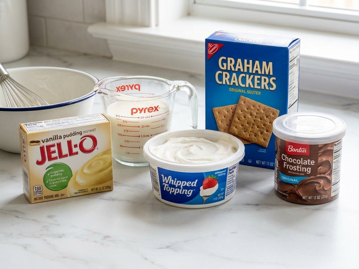 Instant vanilla pudding mix, milk, whipped topping, graham crackers, and chocolate frosting arranged on a kitchen counter